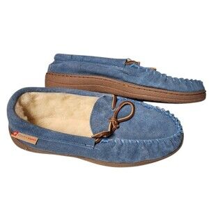 Alpine Swiss Sabine Womens Suede Shearling Slip On Moccasin Slippers Blue Size 9